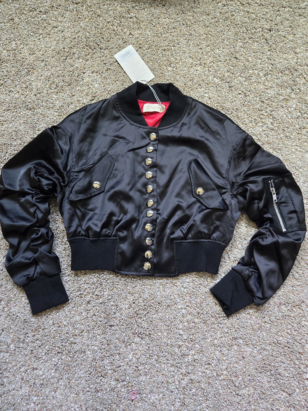 Choosy Black Satin Cropped Bomber Jacket with Snap Closure And 3 Pockets,Size 0
